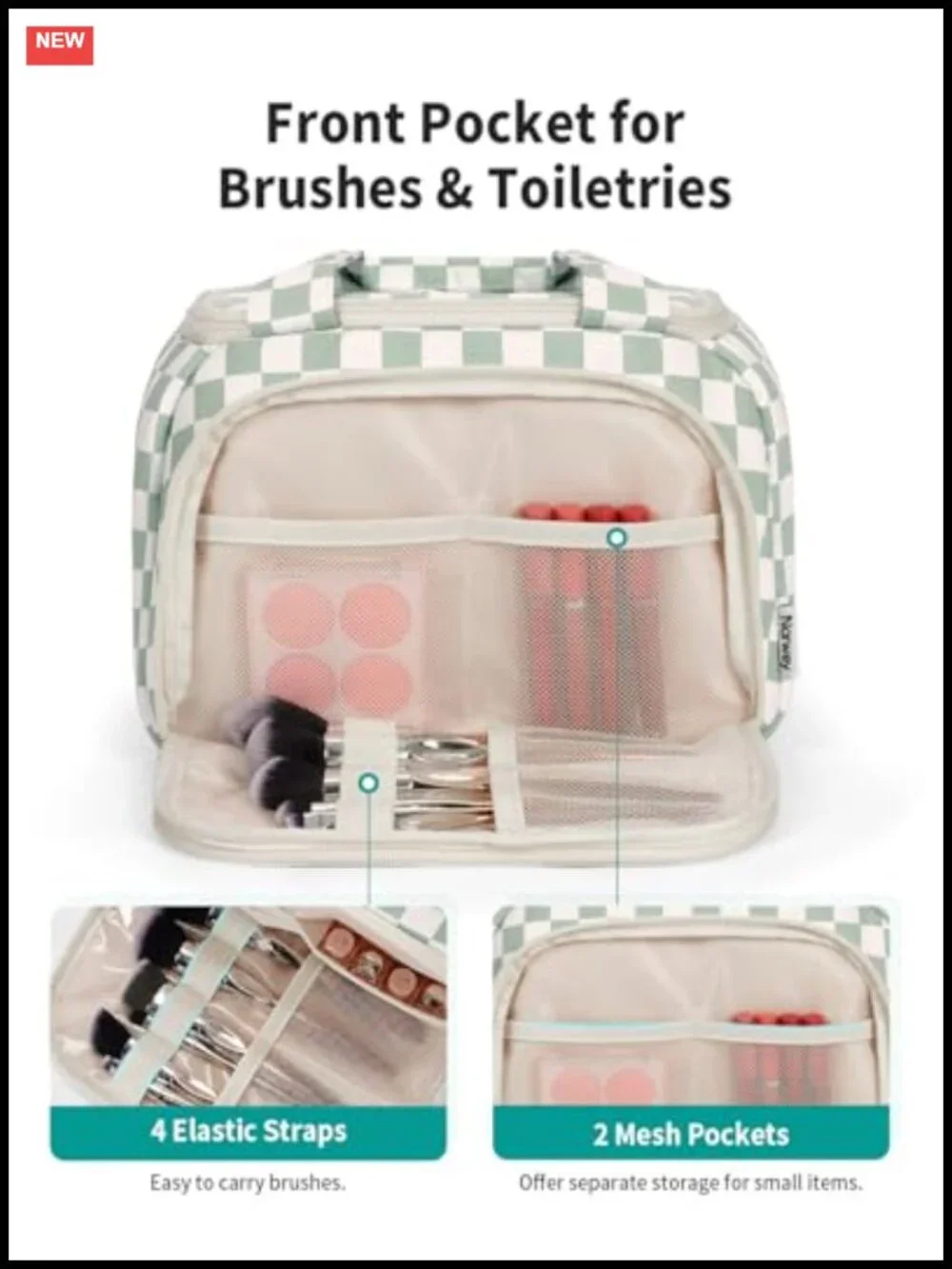 Checkered Travel Toiletry Bag for Women, Large Makeup Case with Handle,